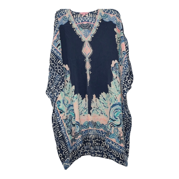 Lilly Pulitzer Atlin Elegant Navy and Pink Kaftan Swim Cover-Up L/XL 100% Silk - Picture 3 of 8